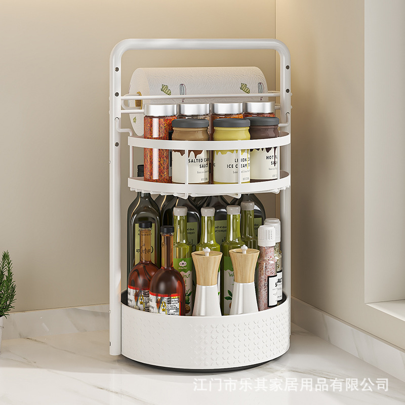 El estante de condimentos de cocina se puede girar en la esquina de la encimera para colocar condimentos, estante para botellas y latas, caja de almacenamiento para rollos de tela