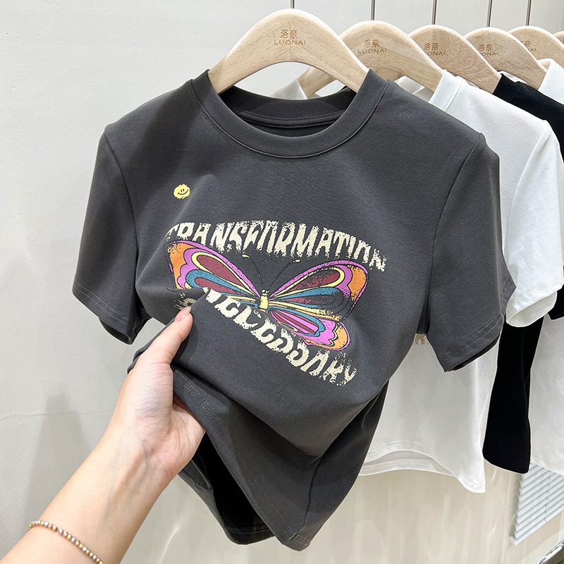 Vintage Butterfly Printed Short-sleeved T-shirt Women's Summer Design Sense Small-sized Shoulder T-shirt Short Top Vintage Butterfly Printed Short-sleeved T-shirt Women's Summer Design Sense Small-sized Shoulder T-shirt Short Top