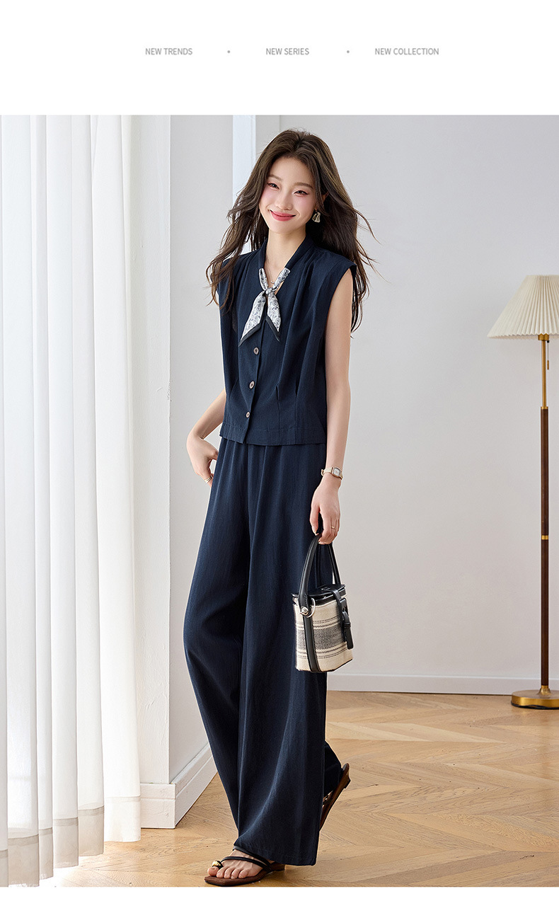 Bộ quần áo hai mảnh mùa hè 2026 gồm áo phối quần ống rộng cao cấp YB2636 — Xanh lông mòng đen, màu trắng chi tiết 17