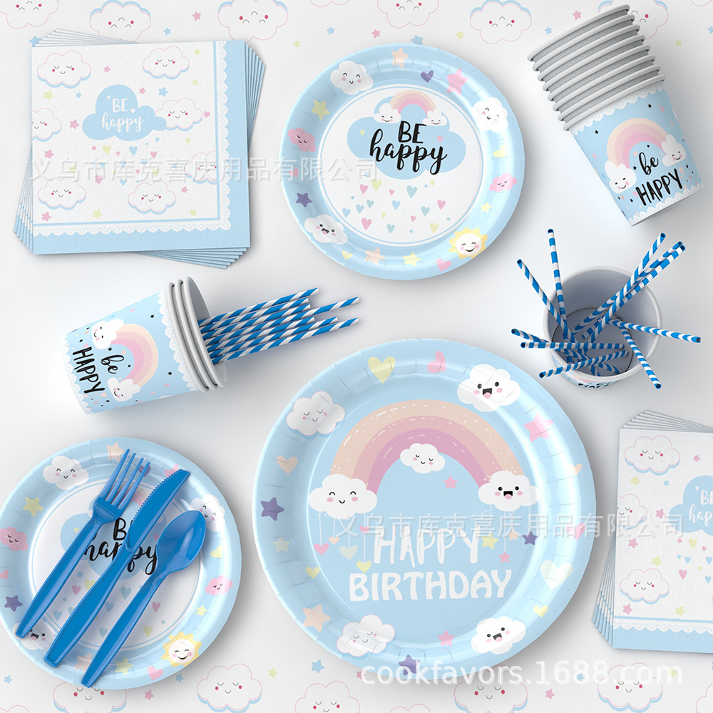 Rainbow Cloud Theme Party Bandeja de papel Decoración Cumpleaños infantil Taza de papel desechable Bandeja de papel Juego de decoración de bandera