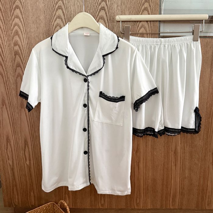 Venta al por mayor transfronteriza de nuevos pantalones cortos de verano de manga corta cardigan pijamas de solapa de imitación para mujer traje simple servicio a domicilio