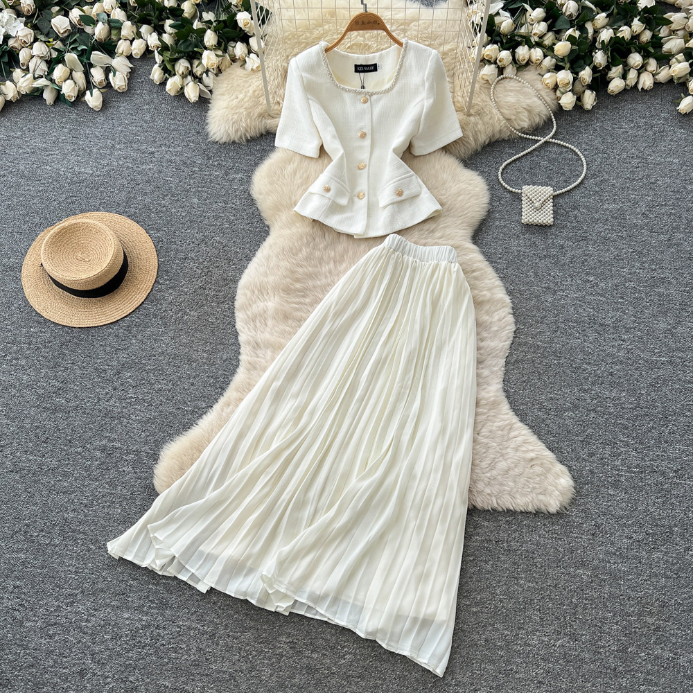 Inspired Women's Pink Two Piece Set Summer Short Sleeve High Waisted Pleated Skirt Sophisticated And Elegant_ecoleips.com