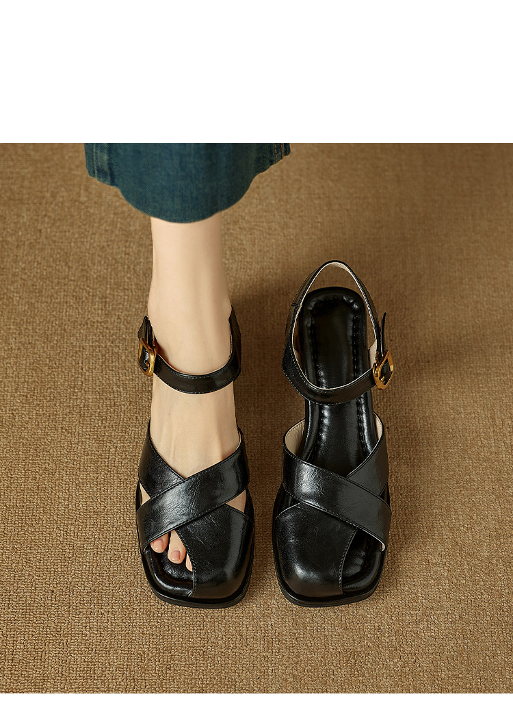 Sandal nữ da bò kiểu Pháp đế mềm thấp gót đi làm mùa hè — đen chi tiết 8