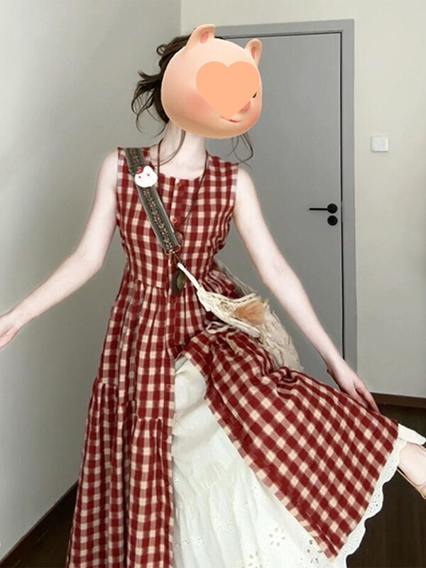 Red Plaid Camisole Dress for Women 2025 New Popular Dopamine Wear Beautiful and Unique Long Skirt Summer