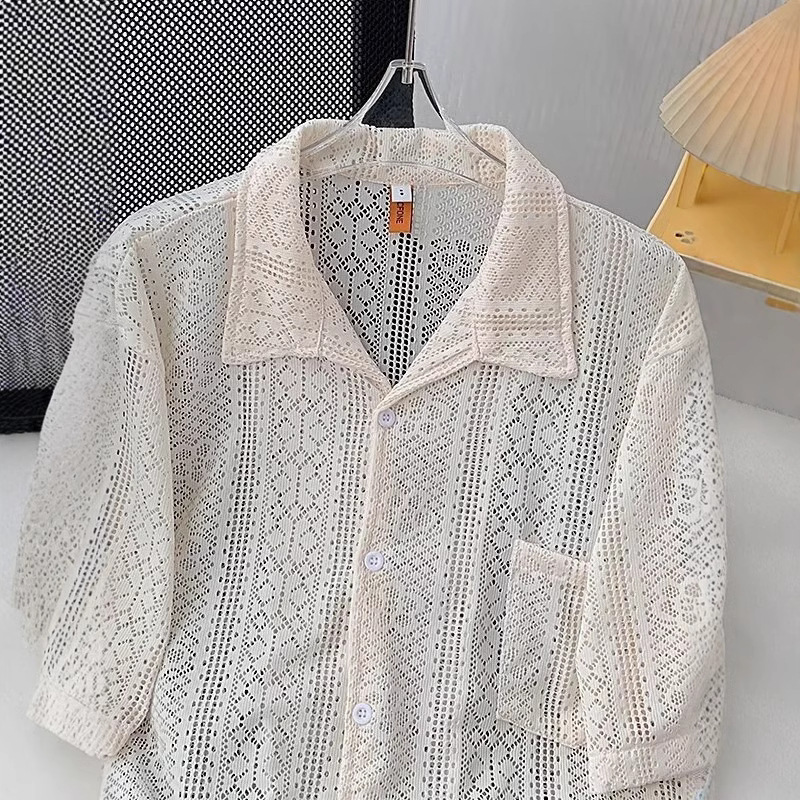 Summer Hollow Lace Artistic Shirt Men's Niche Design Light Luxury Breathable Thin Holiday Style Casual Shirt