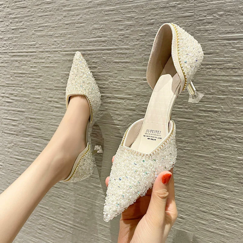 999-38 модные женские туфли на высоком каблуке с жемчугом 2021, летняя новая ночная профессиональная светская женская обувь с вырезами на ветру