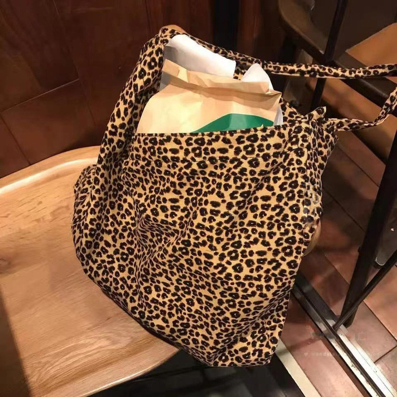 Korean ins Same Style Leopard Print Canvas Bag Star Same Style Corduroy Printed Large Capacity Shoulder Bag Crossbody Bag