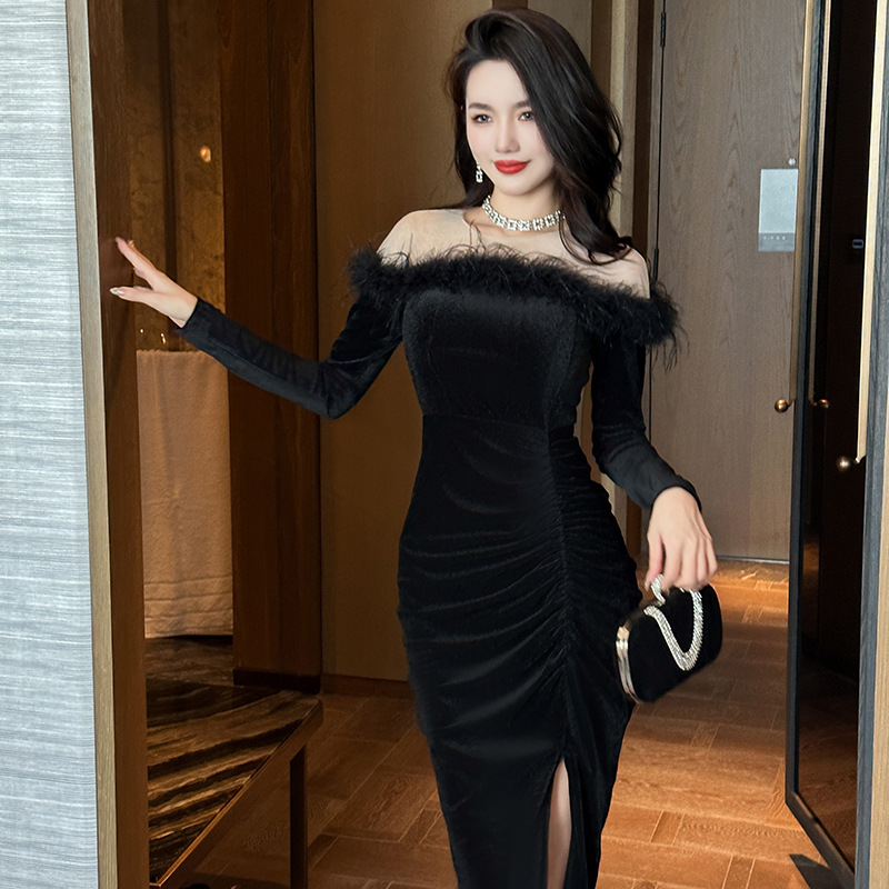 Đầm maxi nhung tua rua phong cách tiểu thư Pháp — Màu đen