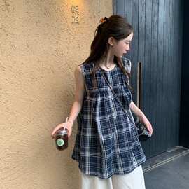 日系格子衬衫女夏季新款宽松吊带背心百搭设计感小众无袖上衣