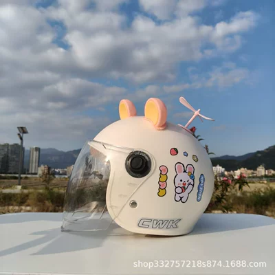 Car Helmet Motorcycle Half Helmet — Motosiklet kaskı (dəbilqə) - white-bunny-high-definition-long-mirror-pink-and-yellow-bear-ears-pink-windmill-suitable-for-small-helmets-aged-1-5-years-old