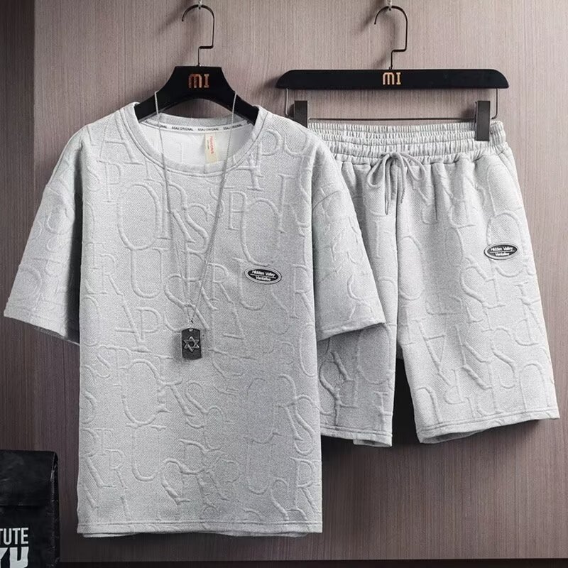 Casual camiseta de manga corta Waffle transfronterizo universal color sólido set de verano hombre moda set de ropa deportiva hombre