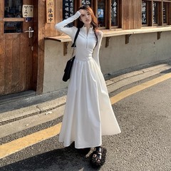 法式气质立领长袖拼接连衣裙女秋季收腰显瘦大摆裙气质A字长裙子