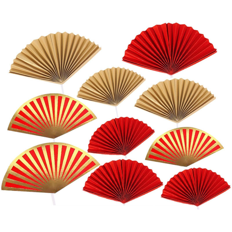 Semi-Circular Big Red Folding Fan, Hot Stamping Fan, Birthday Cake Decoration for the Elderly, Chinese Style Plug-In