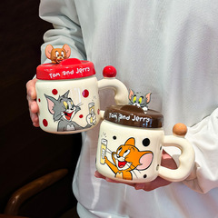 猫とネズミのマグカップ蓋付き陶磁器コップ蓋付き女神祭プレゼントカップルコップ寮家庭用コップ