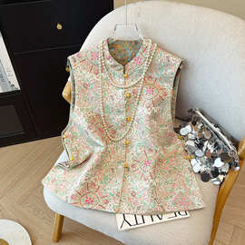 新中式天丝印花马甲女春季双面穿宋锦提花无袖外套国风坎肩单排扣
