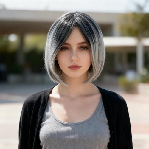 European and American women's parting short synthetic hair cap black and gray gradient color bobo short straight wig factory stock
