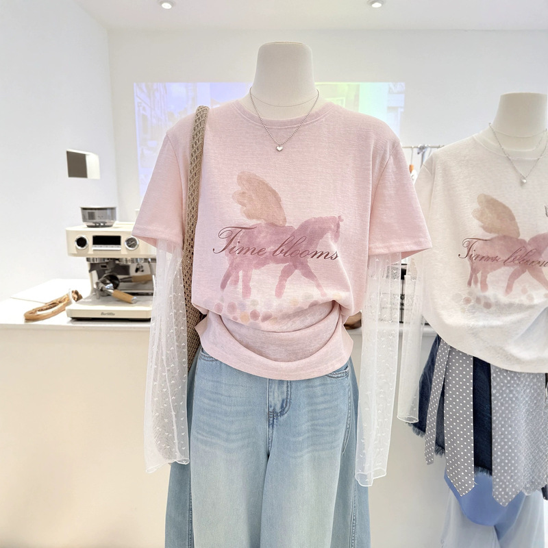 Cross-Border White Plus Size 120kg Pony Print Snowflake Cotton Long-Sleeve T-Shirt Women's Fake Two-Piece Sun Protection Top