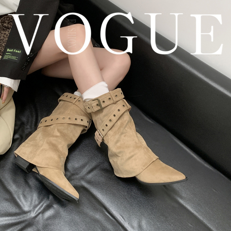 秋冬新款丹麦裤管靴~尖头扣带6cm粗跟沙漠牛仔堆堆短靴女西部靴