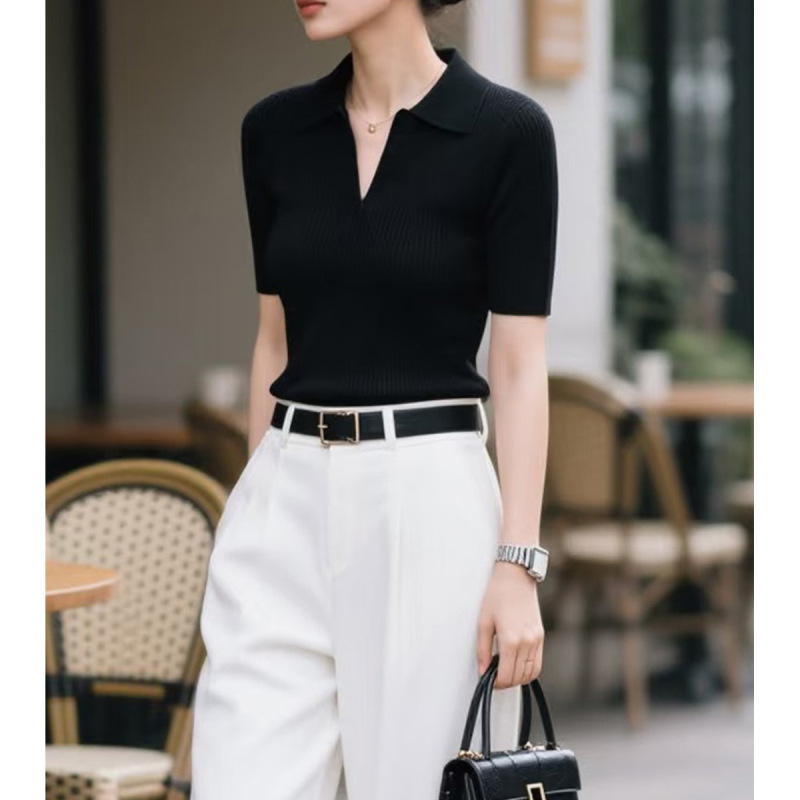 Summer Fashionable Black Polo Collar V-Neck Slim Slim Short-Sleeved Knitwear Women's Casual Style Lyocell T-Shirt Top Summer Fashionable Black Polo Collar V-Neck Slim Slim Short-Sleeved Knitwear Women's Casual Style Lyocell T-Shirt Top