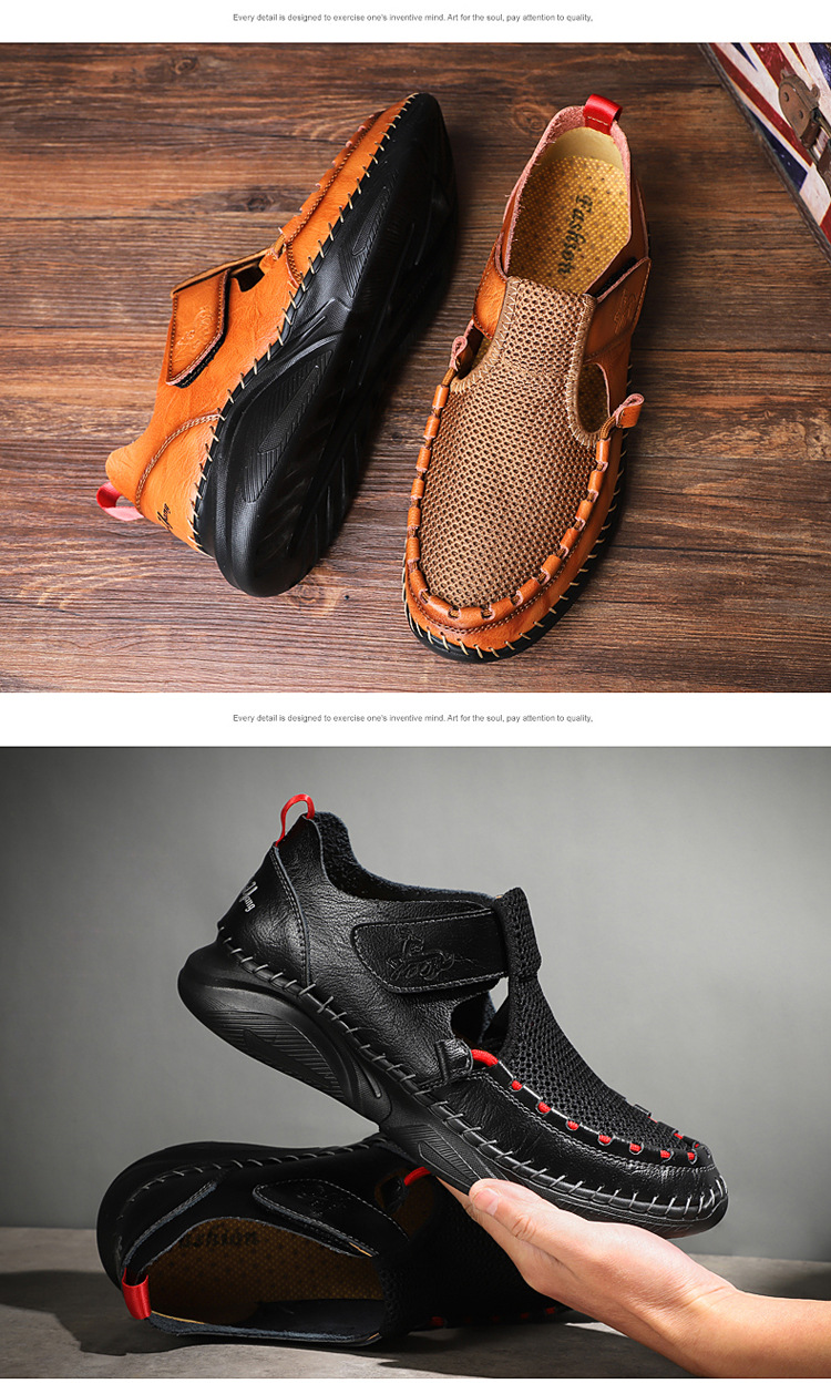 Cross-border plus-size men's sandals 2021 Summer new style mesh shoes, perforated breathable cowhide outdoor sports wading slippers undefined