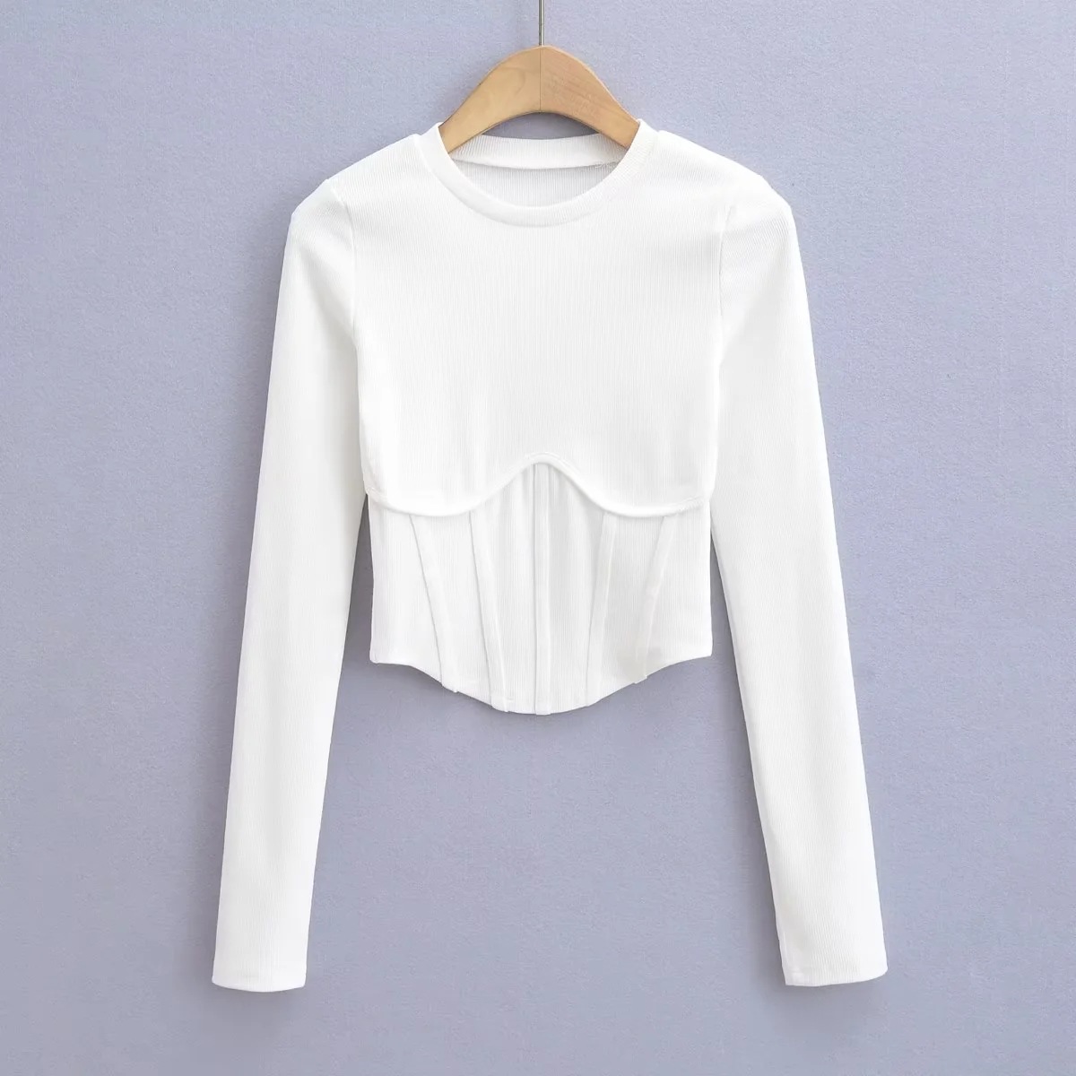 Stickad damtopp med lång ärm och fiskbensmönster slim fit_voghion.com