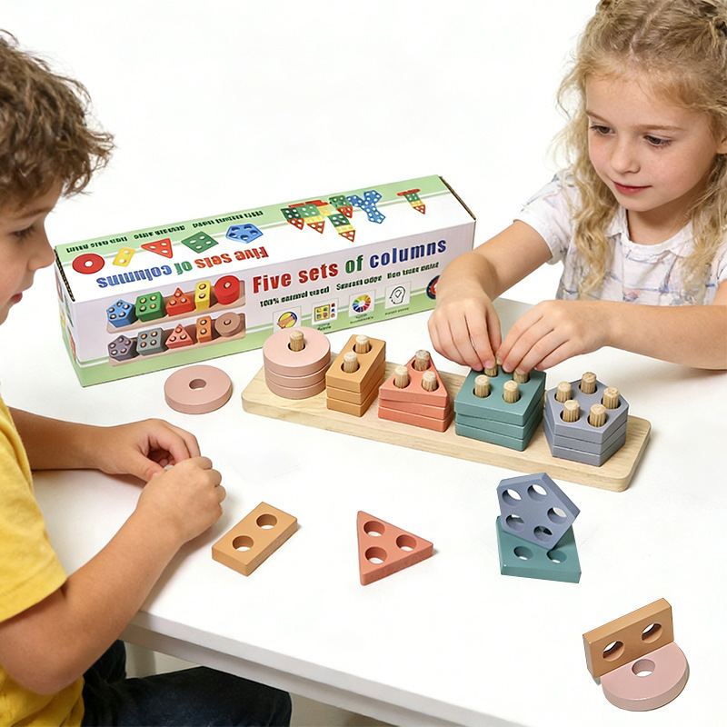 Cross-border CPC Wooden Geometric Shape Set Column Early Education Cognitive Building Blocks Matching Toys Macaron Five Set Column