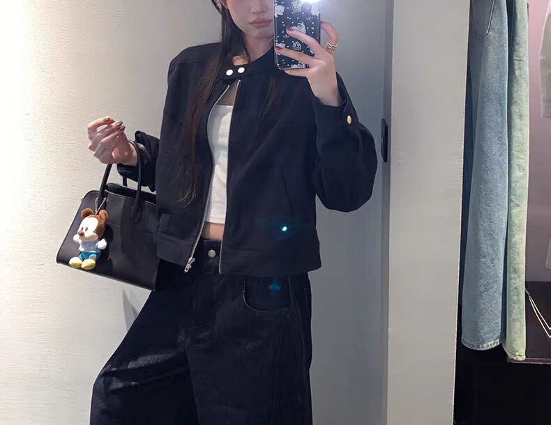 妮式look 立领明线设计感休闲夹克女秋韩系短款外套白色藏青色|undefined