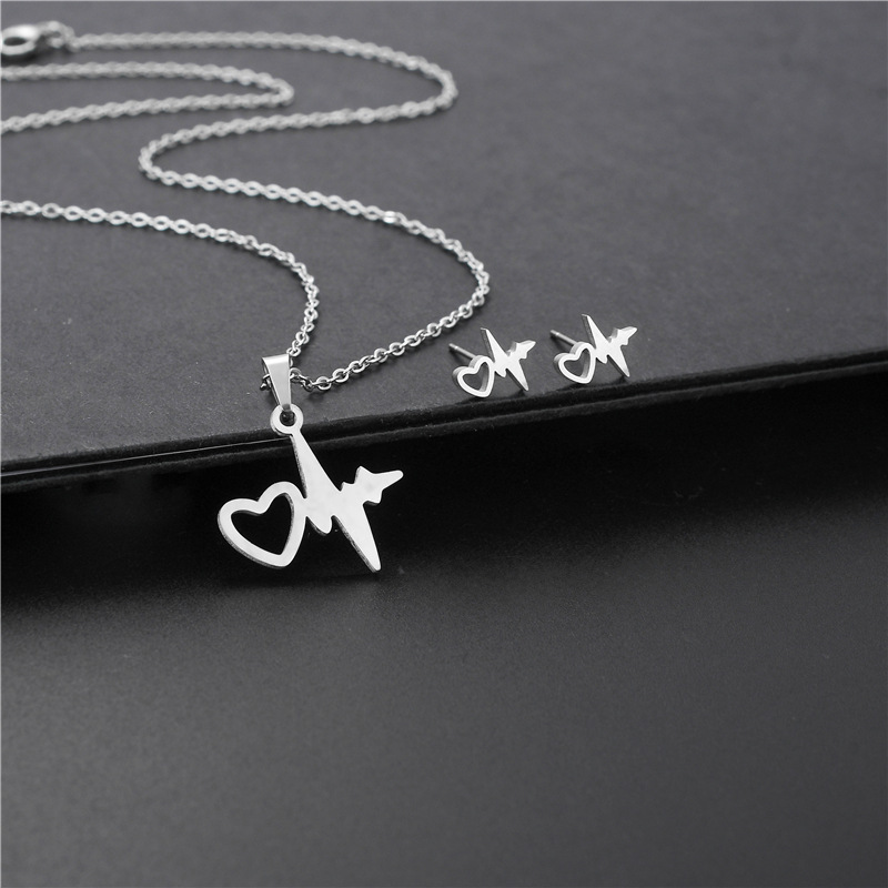 AliExpress New Accessories Fashion Heart-Shaped ECG Necklace and Earring Suit Stainless Steel Heart 