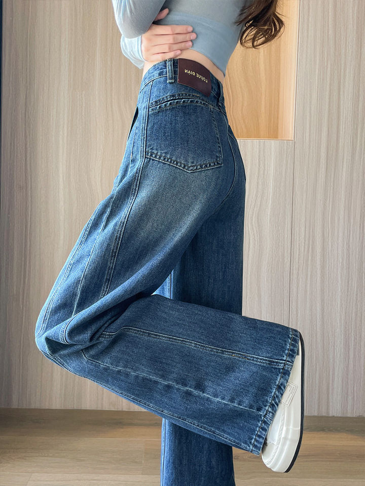 Quần jean ống rộng nữ cạp cao dáng dài chấm gót, vải denim mềm rủ — Quần dài màu xanh cổ điển - mẫu đơn, Quần dài đen vàng xanh - mẫu đơn, Quần lửng màu xanh cổ điển - mẫu đơn, Quần lửng đen vàng xanh - một kiểu