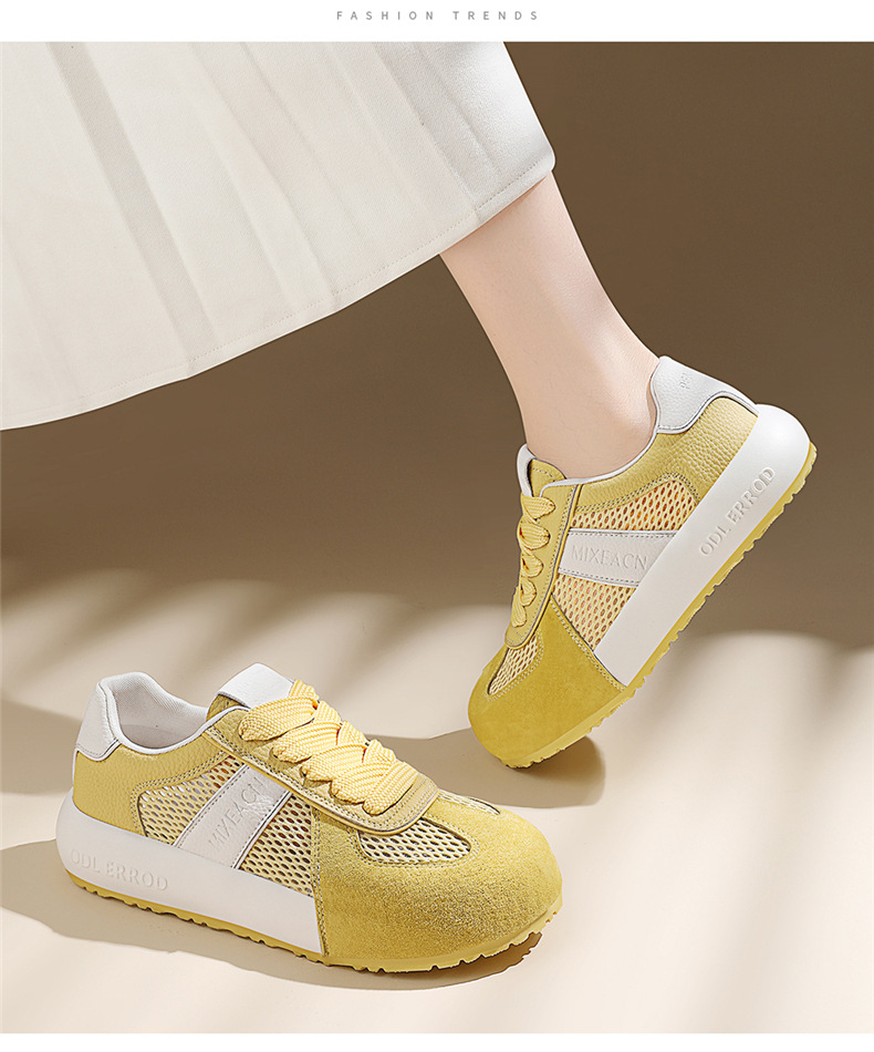 Giày sneaker nữ đế dày phối màu thời trang xuân hè 2026, lưới thoáng khí — 7115 Màu xanh lá cây, 7115 Màu vàng, 7115-1 Trái cây xanh, 7115 -1 Màu vàng chi tiết 7