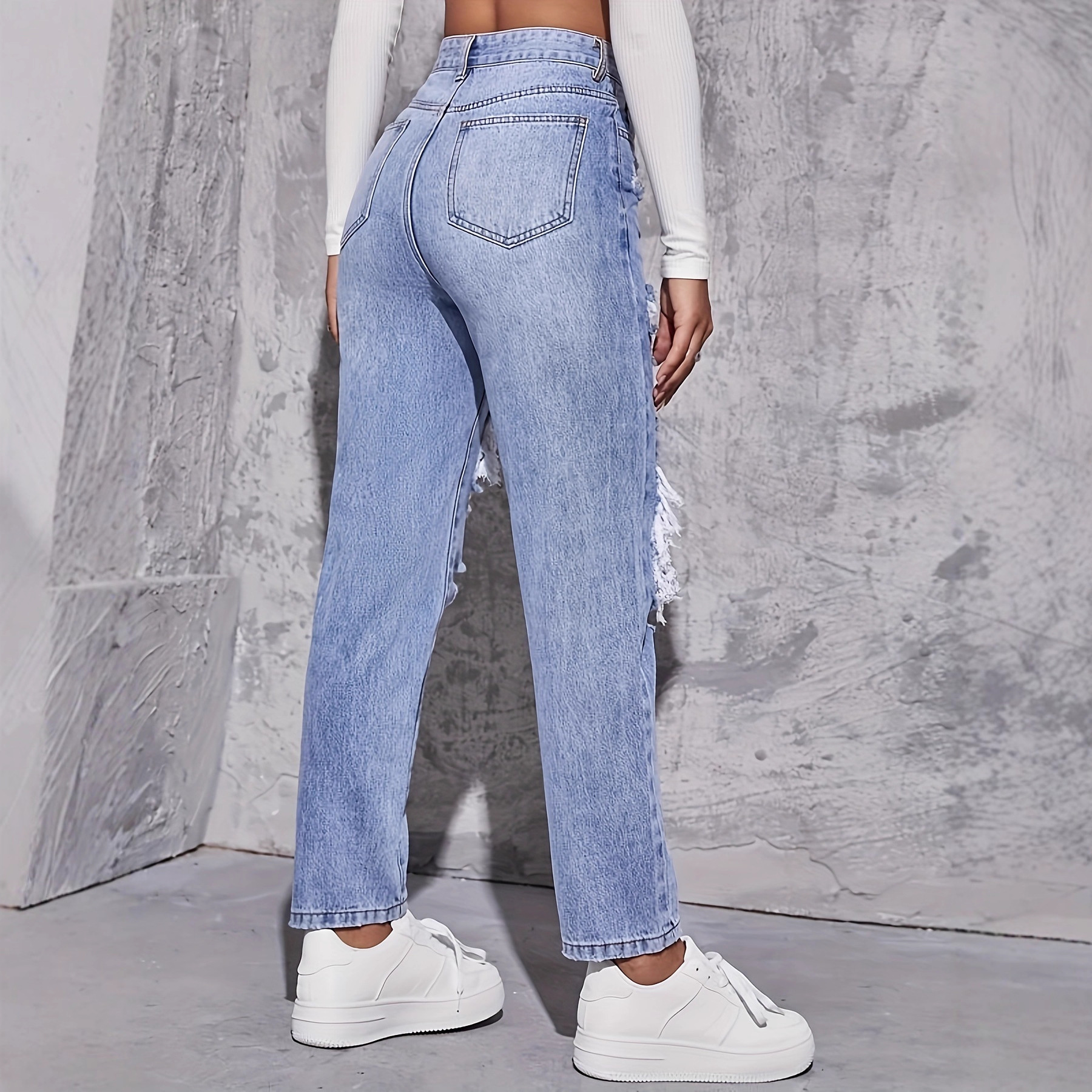 Jeans Rectos Rotos para Mujer de Mezclilla, Cintura Alta