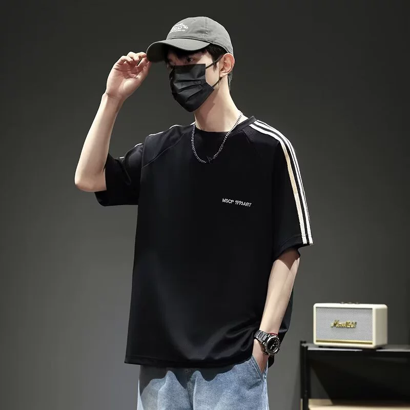 Американская уличная футболка с короткими рукавами с тремя планками мужской 2024 летний новый американский ретро тяжелый тренд подросток широкий