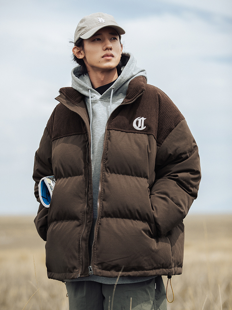 Chaqueta de pana con cuello alto y patchwork de algodón, chaqueta acolchada gruesa de invierno, chaqueta de algodón con bordado de letras de marca de moda para parejas