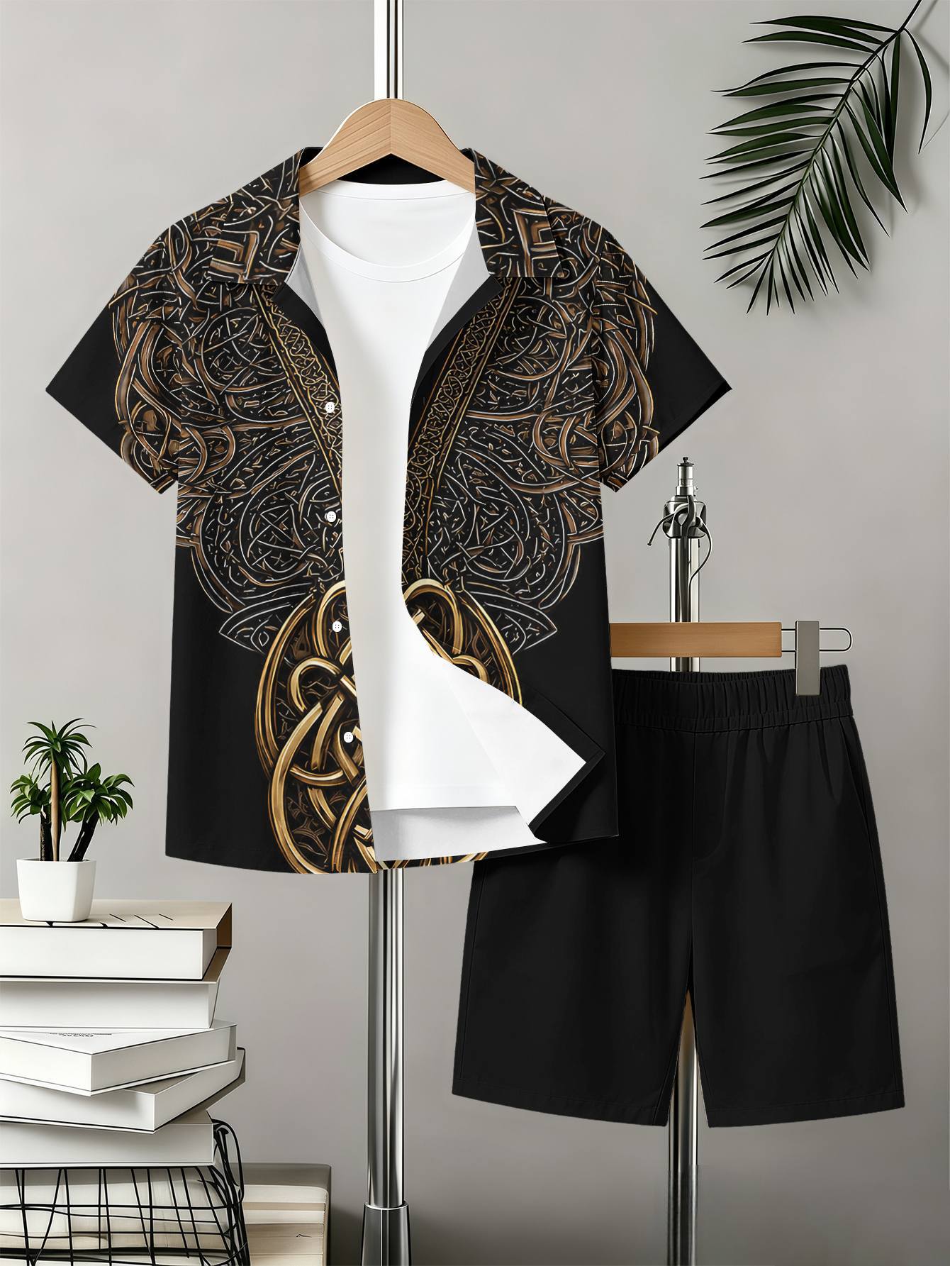 Boys Collared Shirt And Shorts Set With 3d Pattern Print_voghion.com