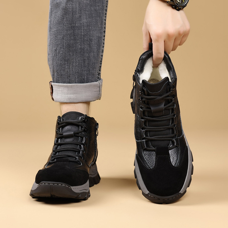 Invierno de piel de vaca, nuevos zapatos de algodón de hombre, lana caliente al aire libre, escalada de montaña y tercife, zapatos de hombre antideslizantes y gruesos.