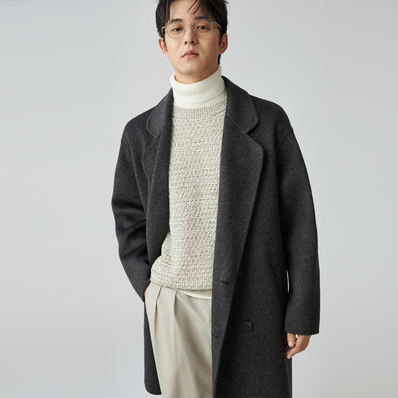24 가을과 겨울 긴 세트 칼라 100% 수제 양면 울 코트 남성 비즈니스 캐주얼 울 코트