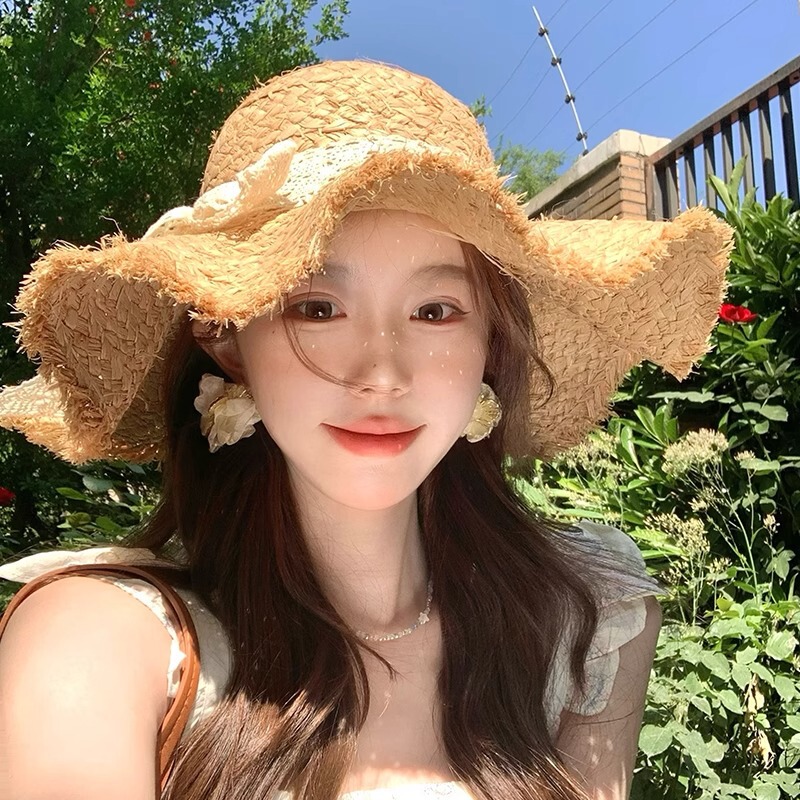 ラフィア帽子女性の夏の日よけ波状海辺日焼け止め休暇レース大きなつば韓国スタイル卸売ビーチ帽子|undefined