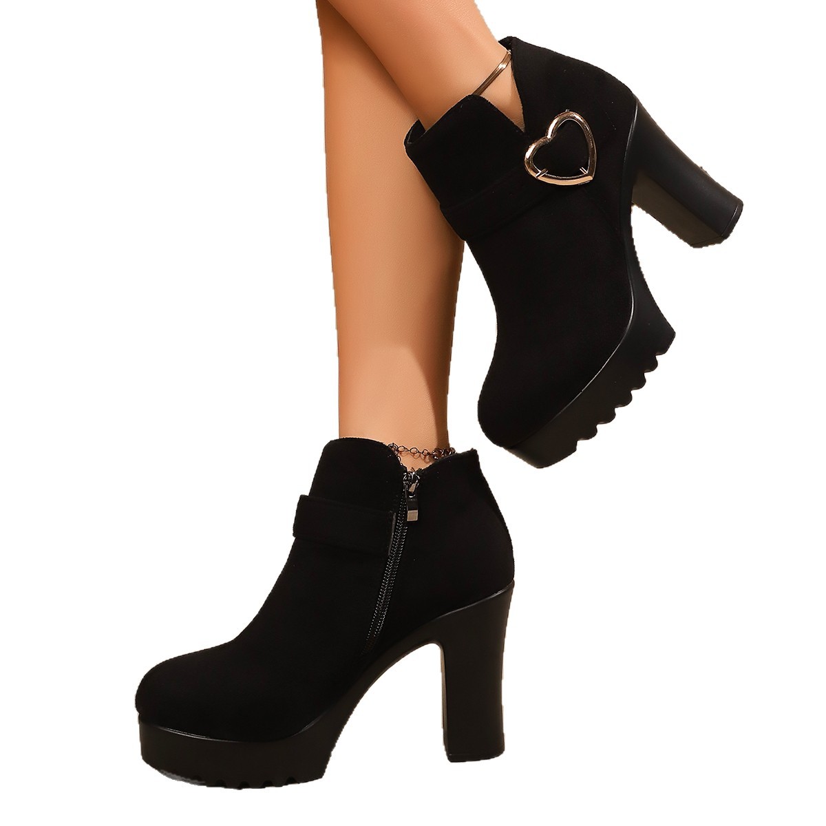 Dames enkellaarsjes met dikke hak en hartvormige metalen gesp, modieuze winterschoenen_voghion.com