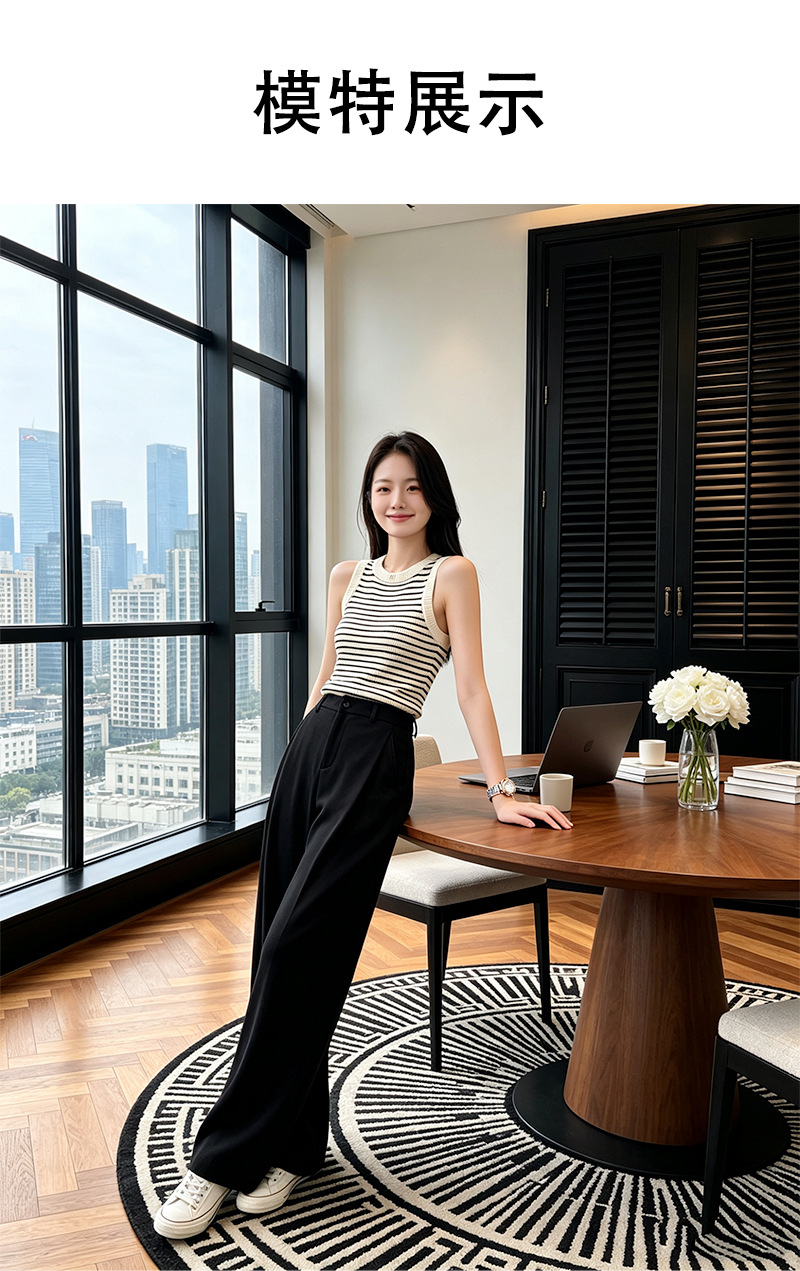 Quần tây nữ ống rộng cạp cao dáng suông, chất liệu mát mẻ chống nhăn, phù hợp đi làm mùa hè — Mát mẻ, rũ và chống nhăn - màu xanh lơ đen (cạp chun) chi tiết 25