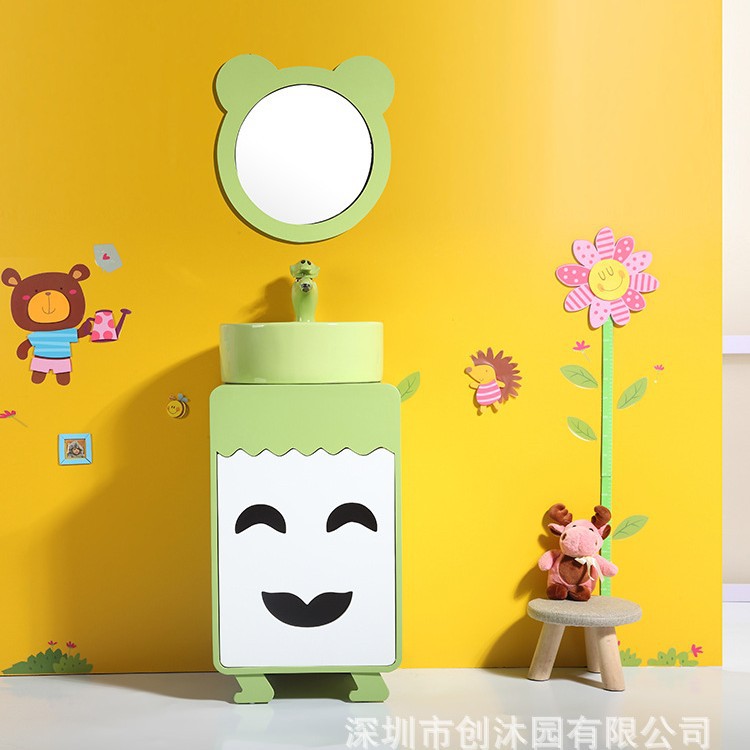 Kindergarten niños lavabo gabinete combinación doble lavabo cerámica dibujos animados lindo color baño lavabo mesa de lavado