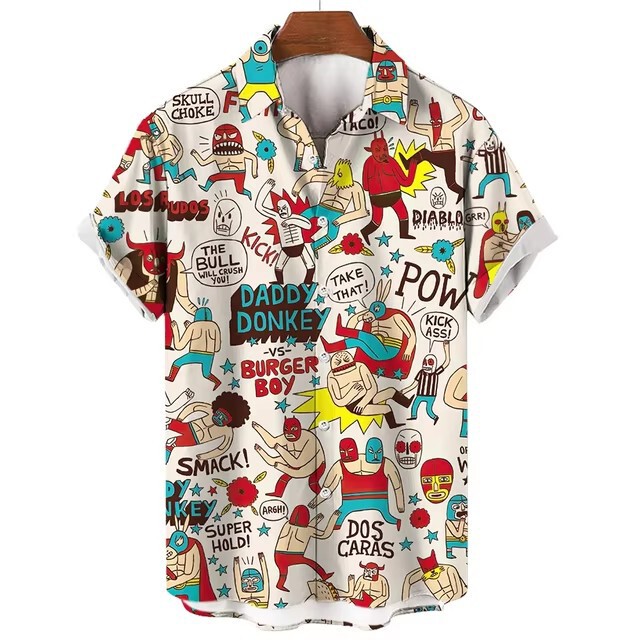 mexico wrestling 3d digital printing summer fashion men's clothing loose oversized hawaiian cross-border shirt