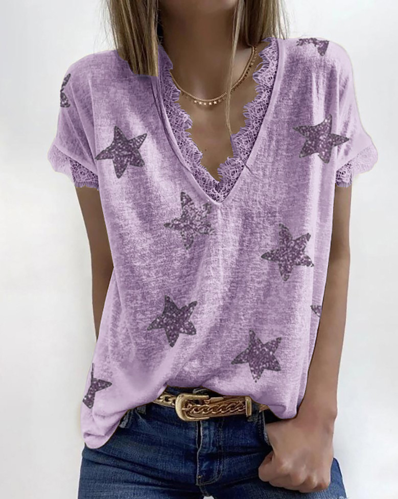 Sequined Five-Pointed Star Printed V-Neck T-Shirt NSYHY106850