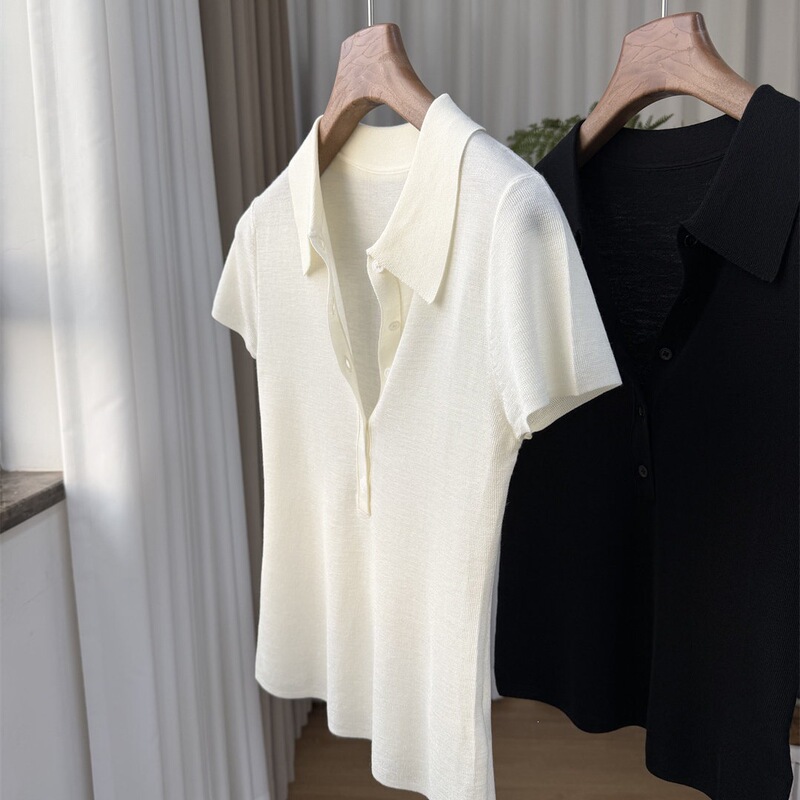 Acetate Wool Polo Shirt, Imported 2-Ply 80-Count Fine-Spun Semi-Buttoned Thin Knit Short-Sleeve for Women Acetate Wool Polo Shirt, Imported 2-Ply 80-Count Fine-Spun Semi-Buttoned Thin Knit Short-Sleeve for Women