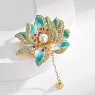 中国风莲花胸针高档女复古珍珠流苏胸花轻奢小众设计感别针配饰品