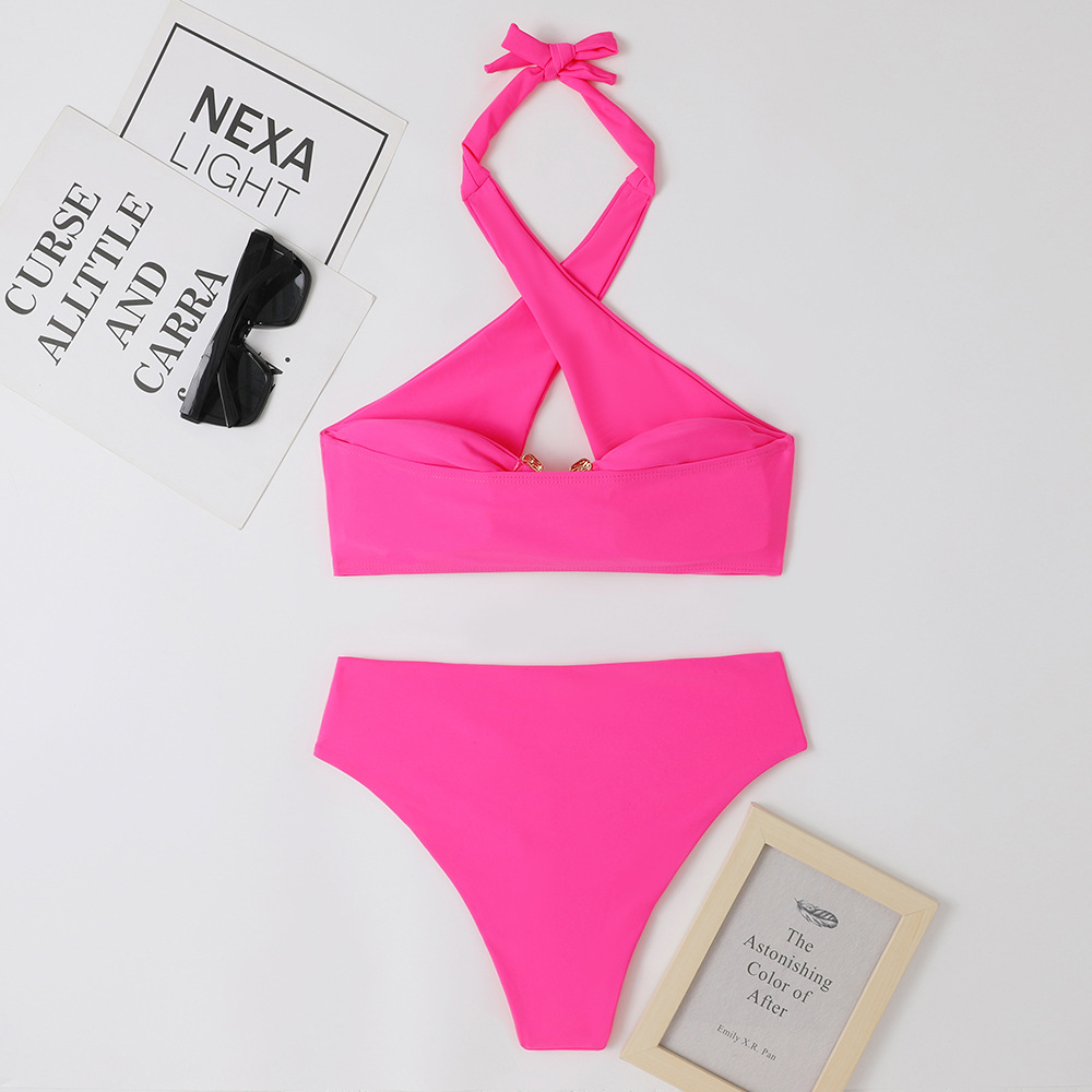 Women's Solid Colour Bikini Set Backless Sexy Metallic Accents_voghion.com