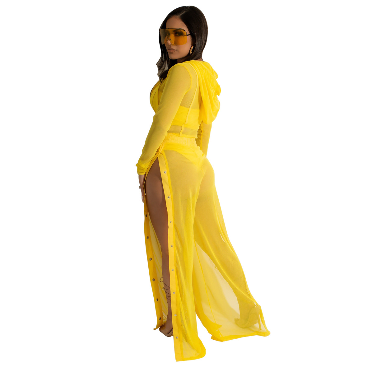 Solid Color long-sleeved square neck Perspective Wide Leg Pants three-piece Set  NSMYF117802