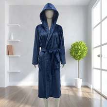 跨境热卖休闲法兰绒连帽素色浴袍欧元美元带帽睡袍情侣款居家睡衣