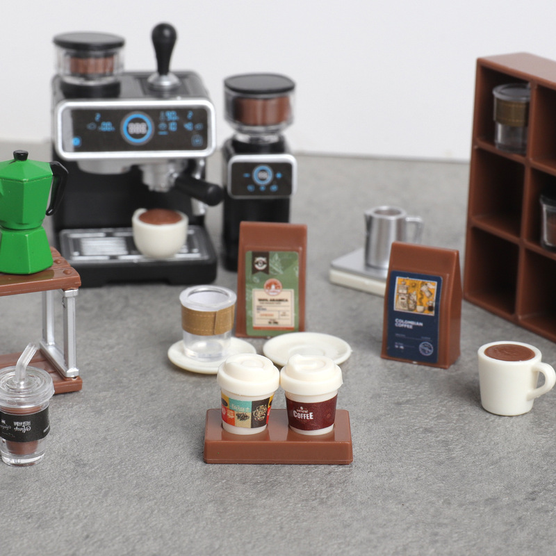 Miniature simulated coffee machine model, miniature scene decoration, pocket-sized pretend play toy prop, stress-relief assembly toy, cross-border