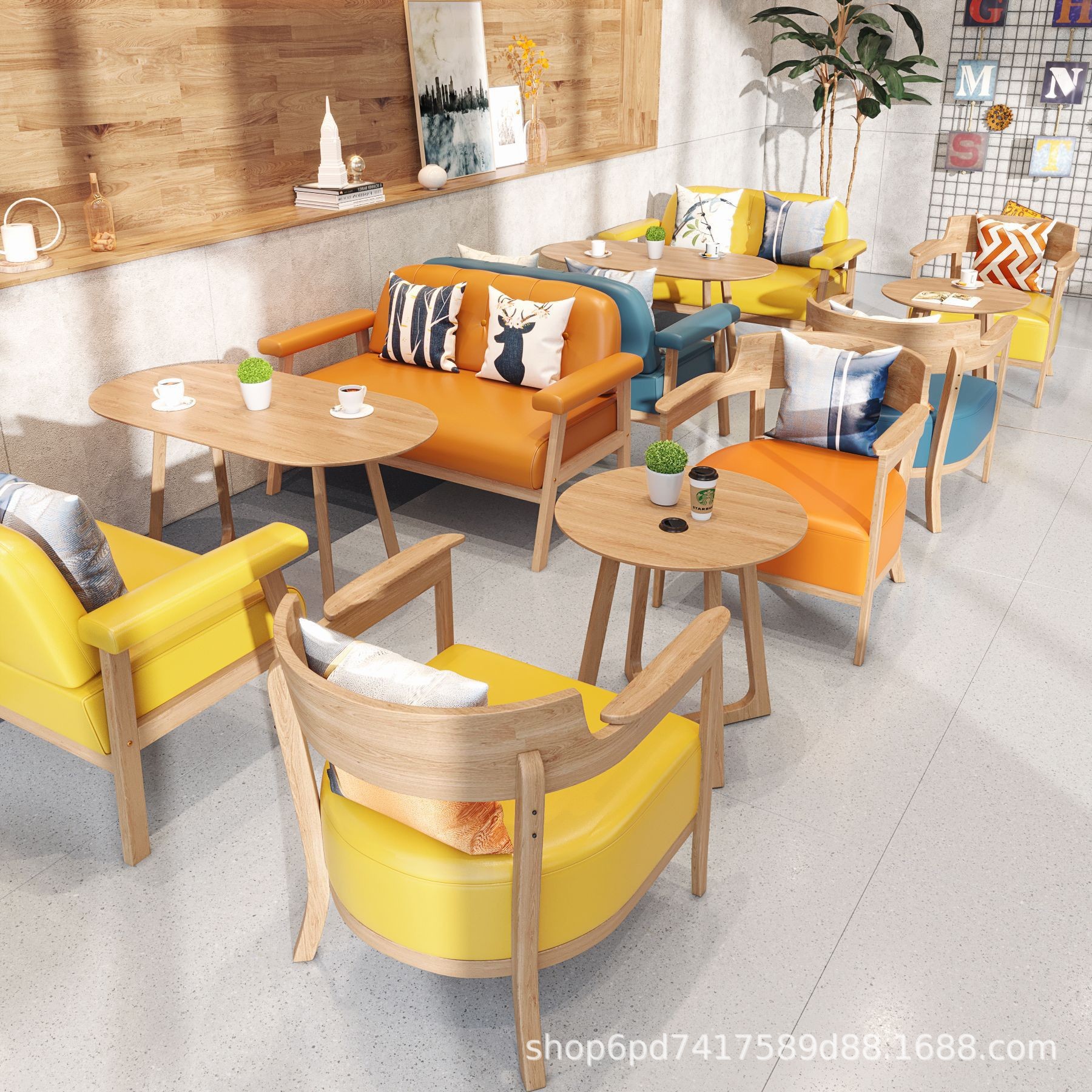 Cafe Meeting Table and Chair Set, Book Bar Solid Wood Single Sofa, Commercial Dining Table, All Solid Wood Modern Minimalist Coffee Table