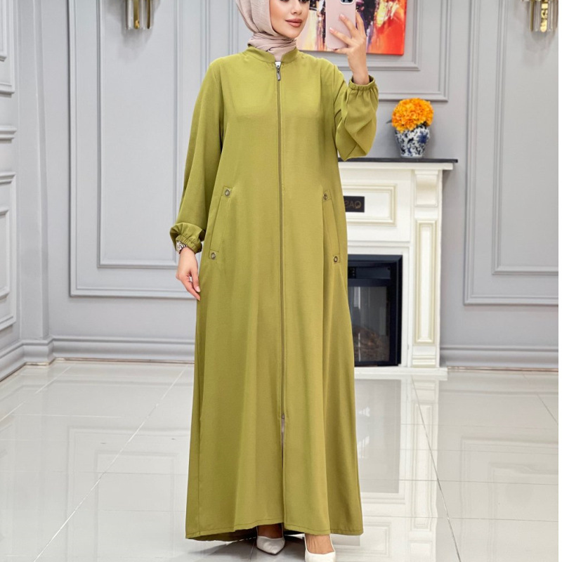 In Stock In Dubai, Middle East, 2024 New Fashion Stand-up Collar Zippered Pocket Loose Casual Dress Women's Robe_ecoleips.com